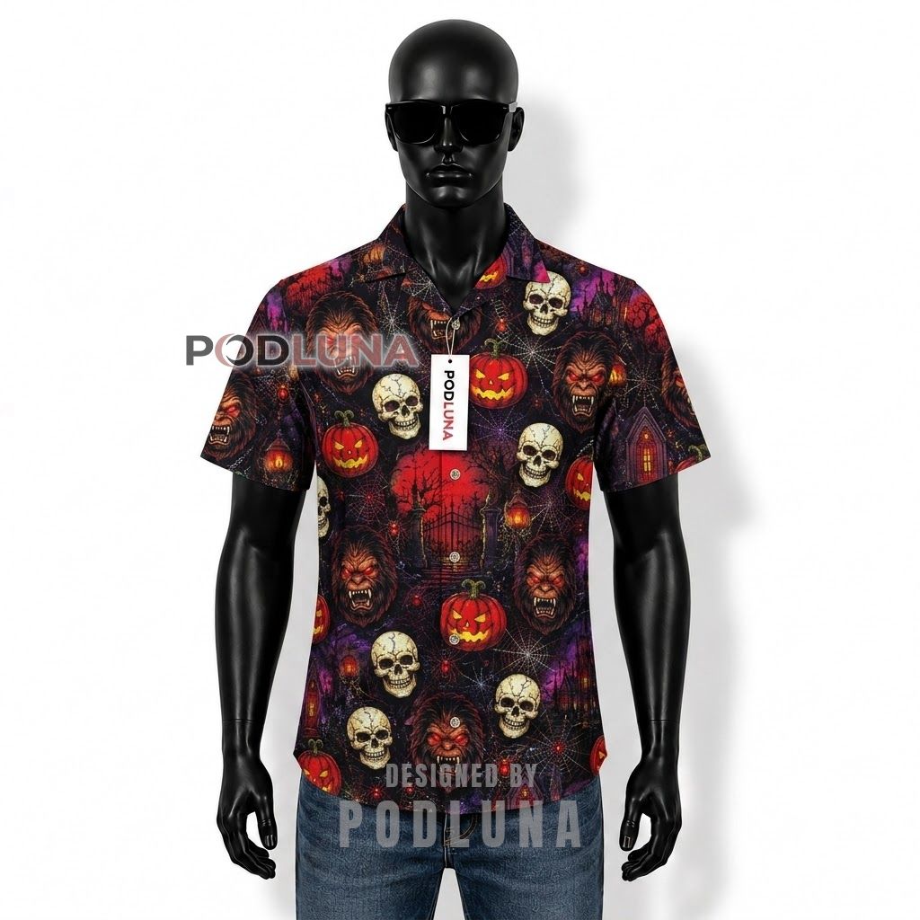 Halloween Werewolf Skull Pumpkin Hawaiian Shirt Front