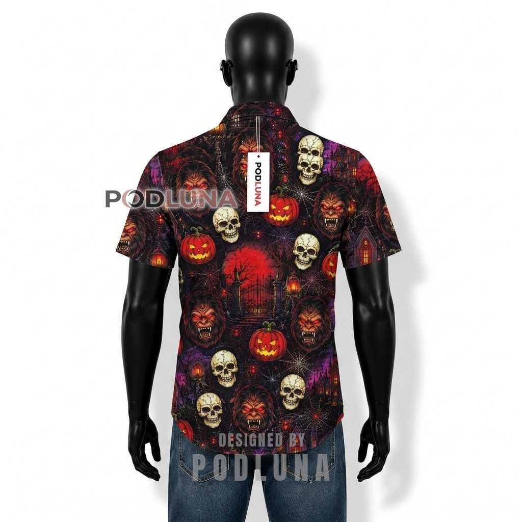 Halloween Werewolf Skull Pumpkin Hawaiian Shirt Back Halloween Werewolf Skull Pumpkin Hawaiian Shirt Back
