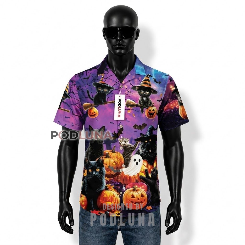 Halloween Witch Cat Pumpkin Hawaiian Shirt Front