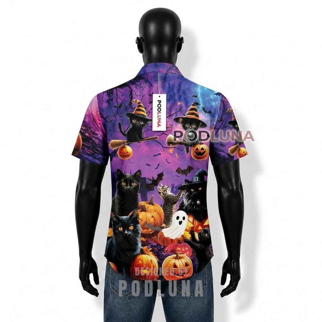 Halloween Witch Cat Pumpkin Hawaiian Shirt Back Halloween Witch Cat Pumpkin Hawaiian Shirt Back
