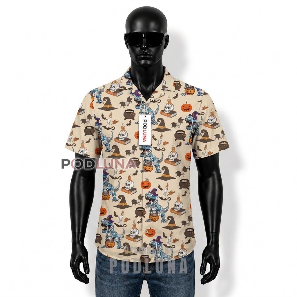 Halloween Witch Dinosaur Pumpkin Hawaiian Shirt Front
