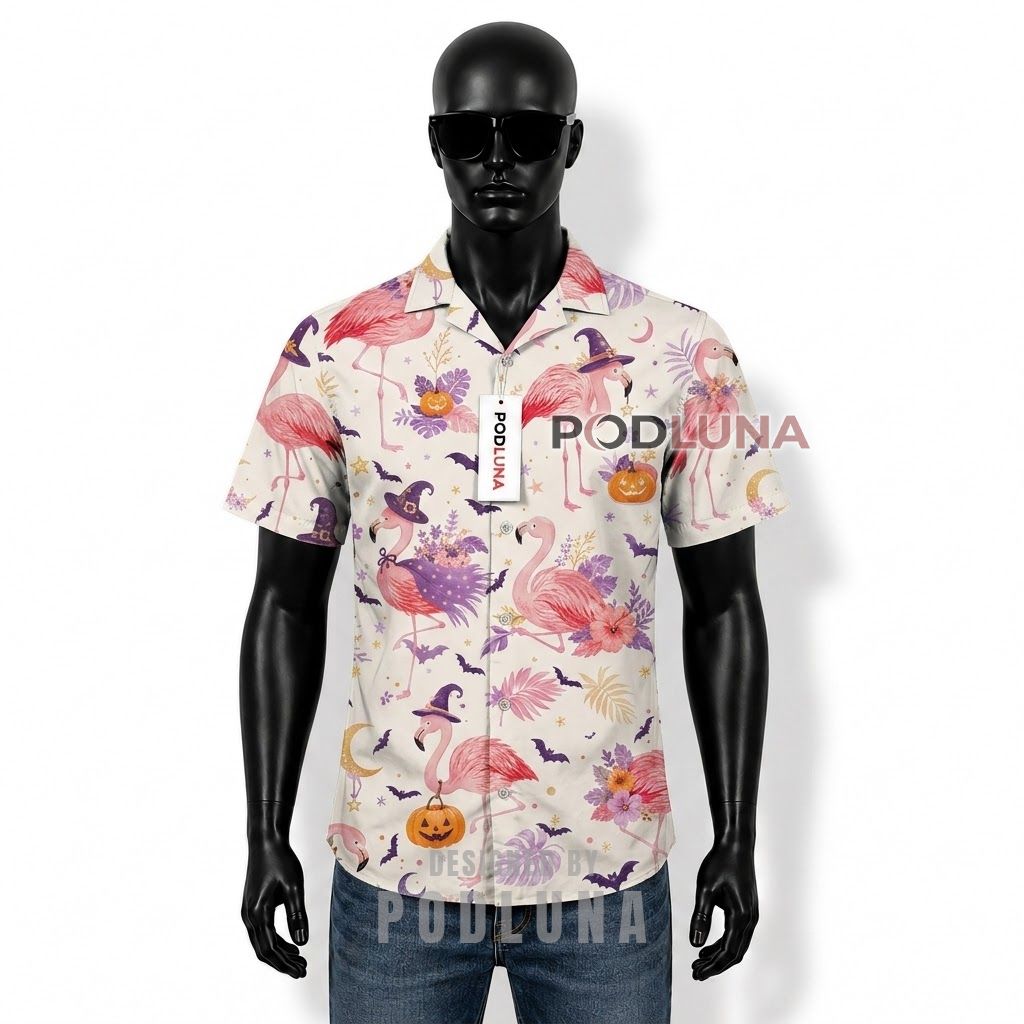 Halloween Witch Flamingo Hawaiian Shirt Front