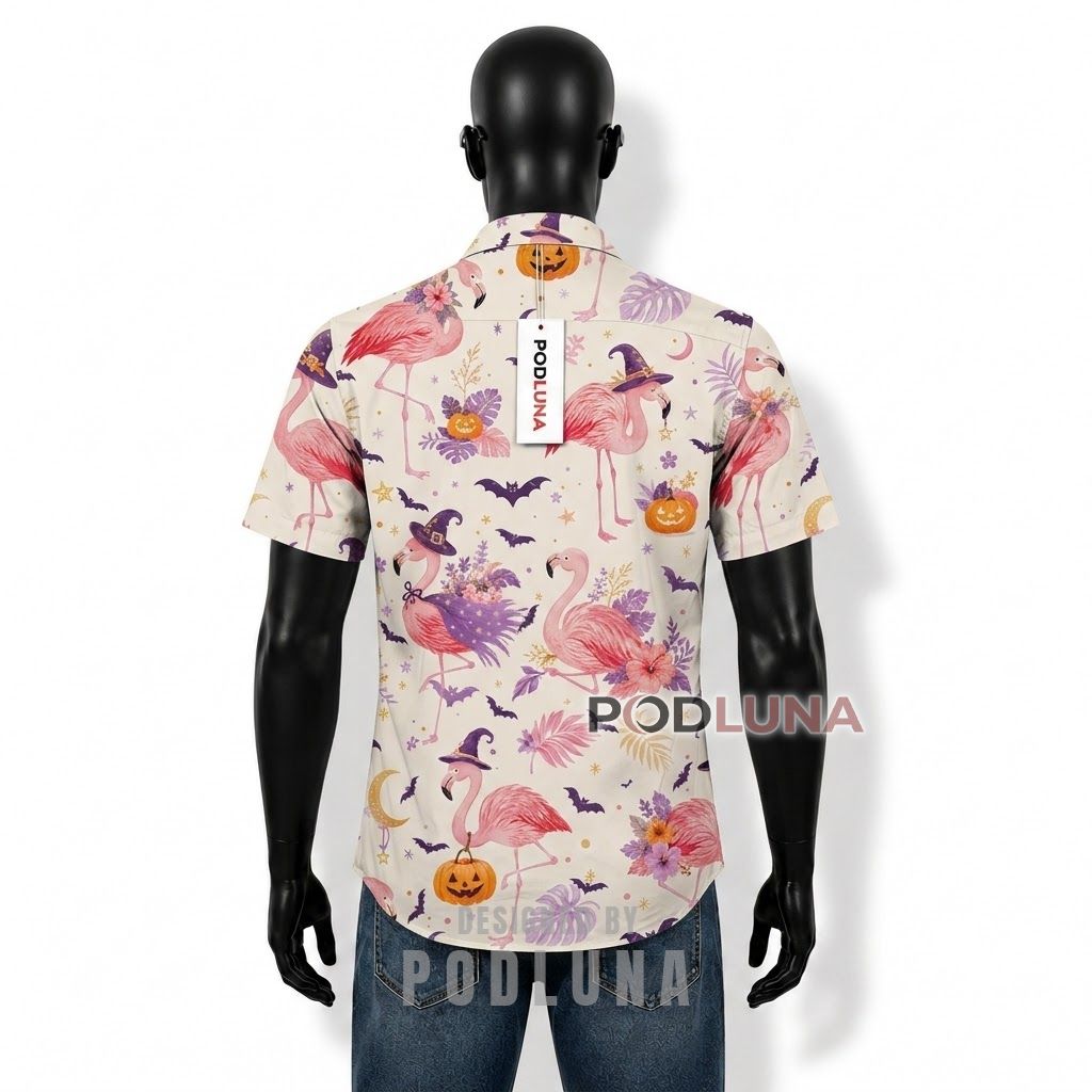 Halloween Witch Flamingo Hawaiian Shirt Back Halloween Witch Flamingo Hawaiian Shirt Back