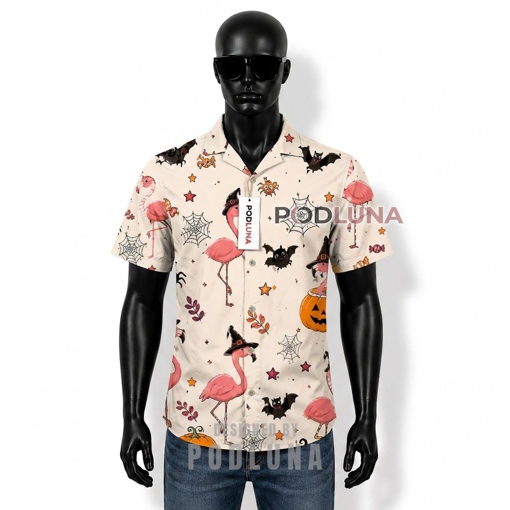Halloween Witch Flamingo Pumpkin Hawaiian Shirt Front