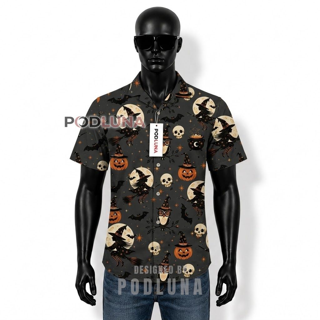 Halloween Witch Owl Pumpkin Hawaiian Shirt Front
