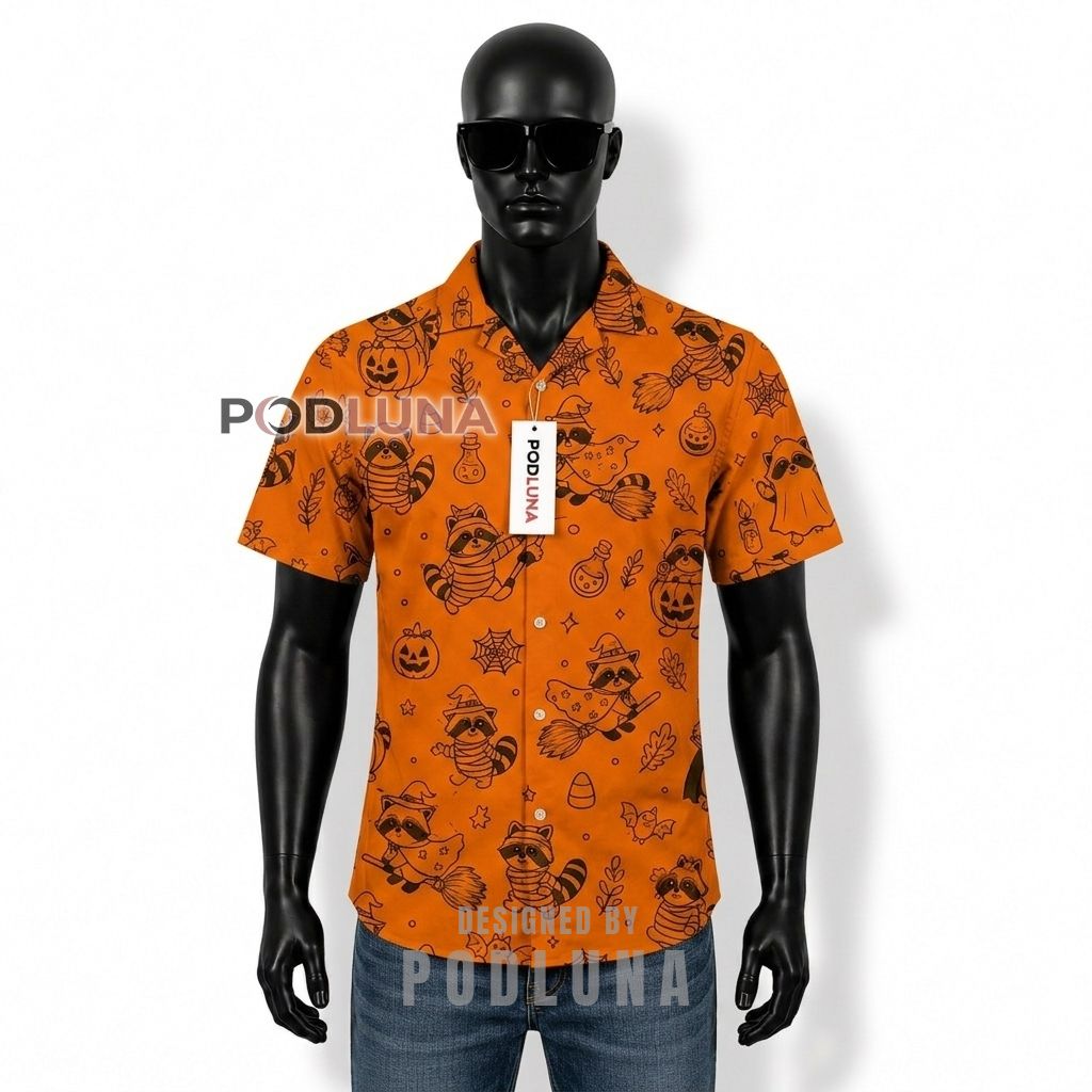 Halloween Witch Raccoon Costume Hawaiian Shirt Front