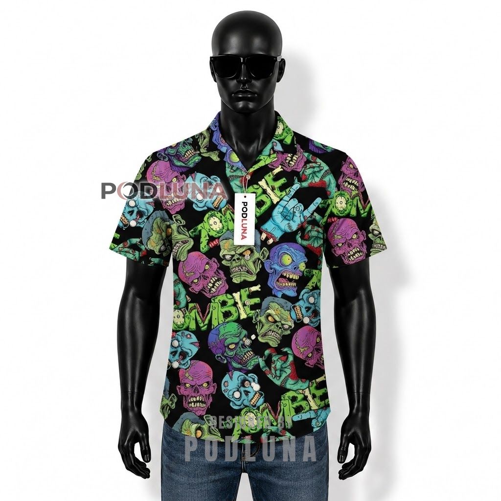 Halloween Zombie Face Colorful Hawaiian Shirt Front