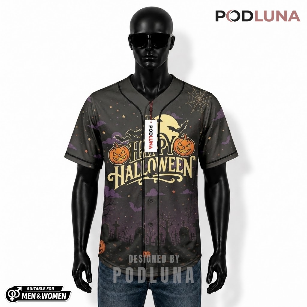 Happy Halloween Baseball Jersey Haunted House Graveyard Black 1