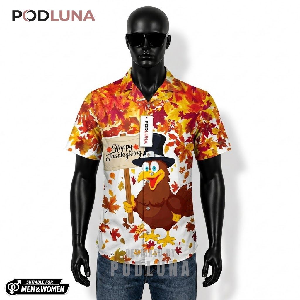 Happy Thanksgiving Turkey Pilgrim Hawaiian Shirt Autumn Leaves Yellow Front