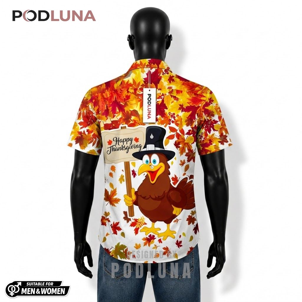 Happy Thanksgiving Turkey Pilgrim Hawaiian Shirt Autumn Leaves Yellow Back Happy Thanksgiving Turkey Pilgrim Hawaiian Shirt Autumn Leaves Yellow Back