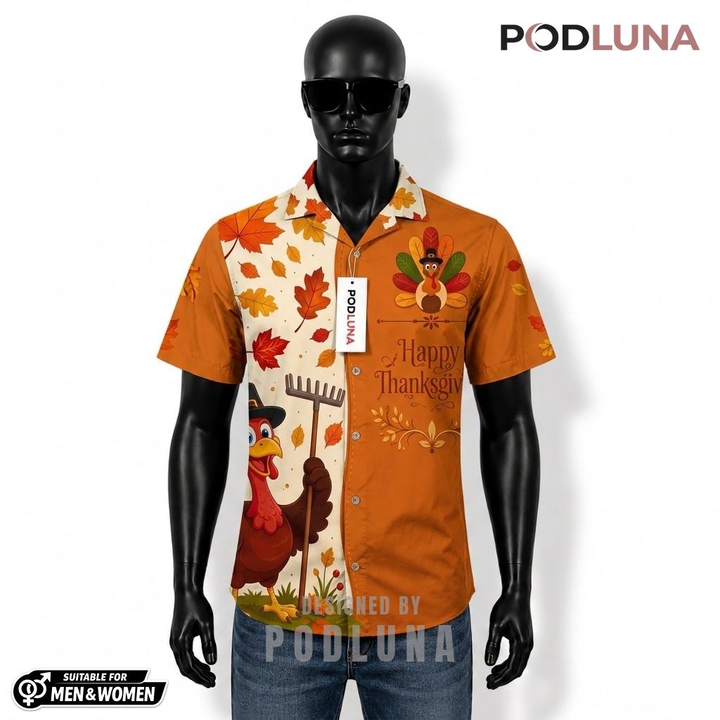 Happy Thanksgiving Turkey Rake Hawaiian Shirt Autumn Leaves Orange Front