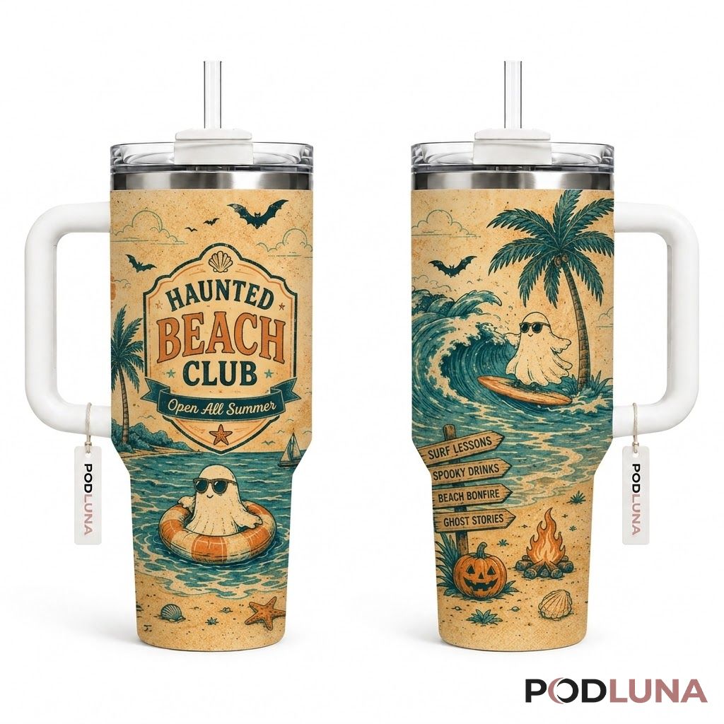 Haunted Beach Halloween Tumbler 40oz Ghost Surfing Palm Tree Design