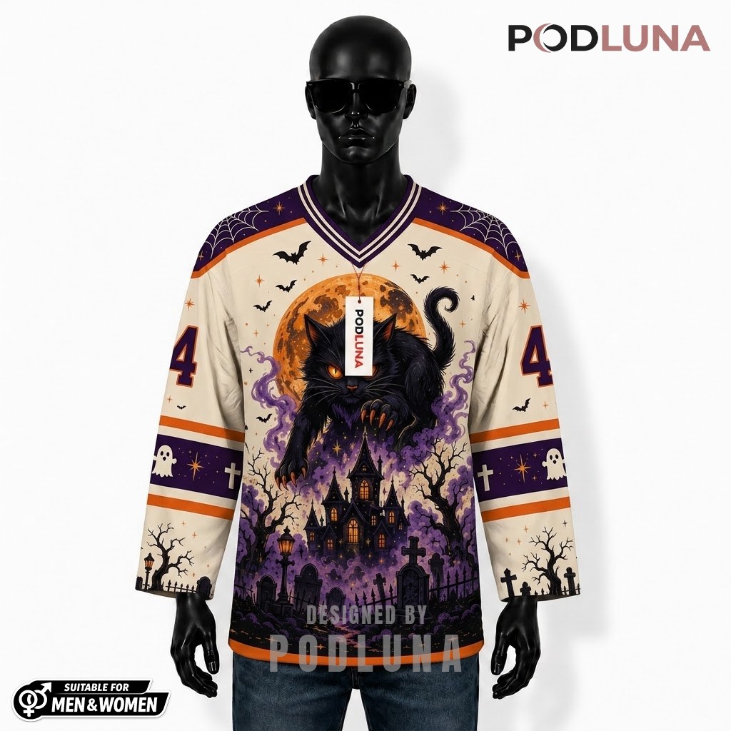 Haunted Black Cat Halloween Hockey Jersey 1