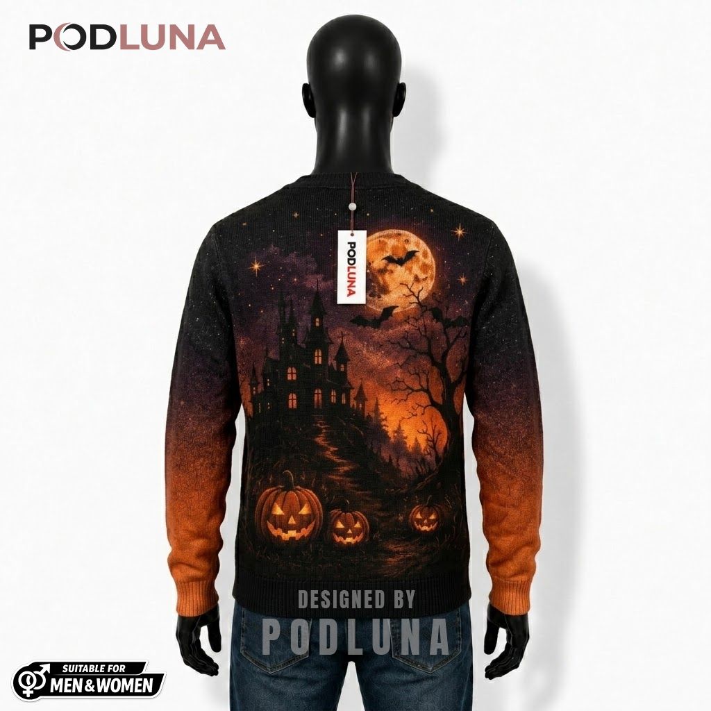 Haunted Castle Halloween Cardigan Full Moon Pumpkin 2 Haunted Castle Halloween Cardigan Full Moon Pumpkin 2