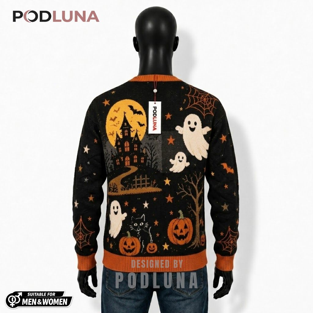Haunted Halloween Cardigan Ghost House Pumpkin 2 Haunted Halloween Cardigan Ghost House Pumpkin 2