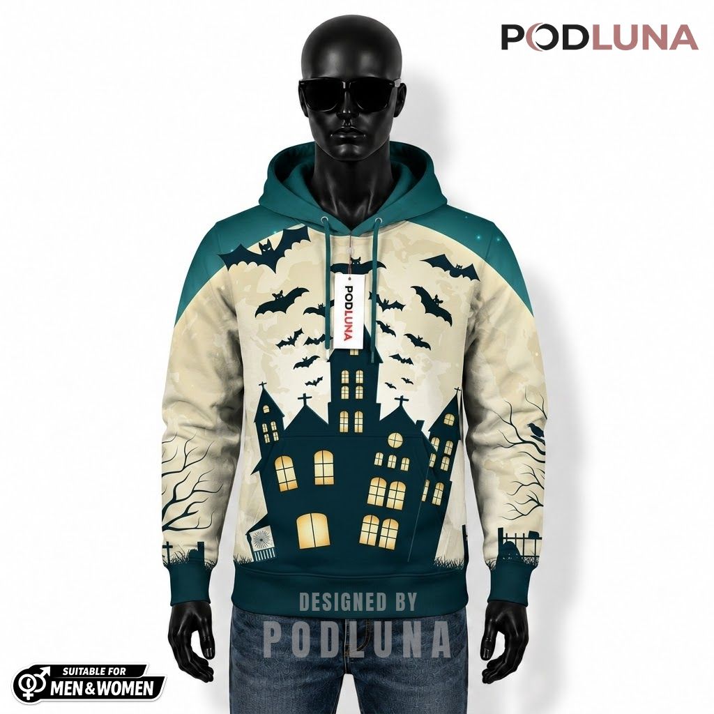 Haunted House Halloween 3D Hoodie Full Moon Bat Silhouette 1