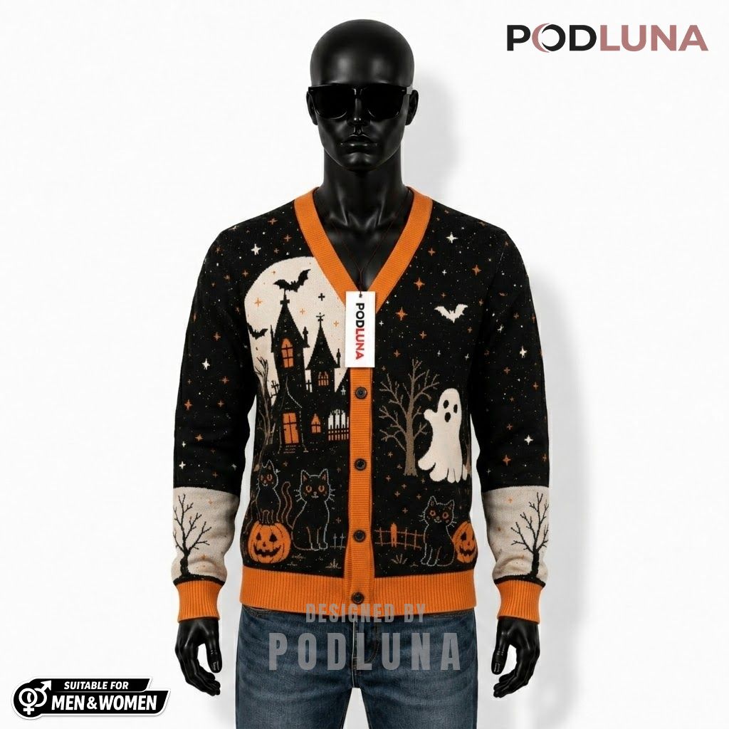 Haunted House Halloween Cardigan Black Cat Path 1
