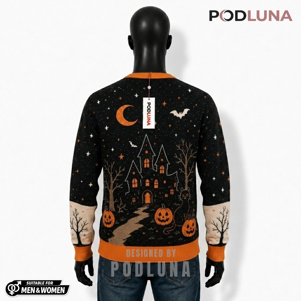 Haunted House Halloween Cardigan Black Cat Path 2 Haunted House Halloween Cardigan Black Cat Path 2