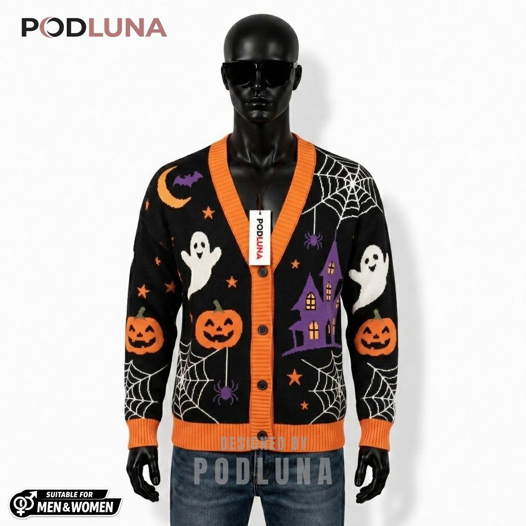 Haunted House Halloween Cardigan Purple Spiderweb 1