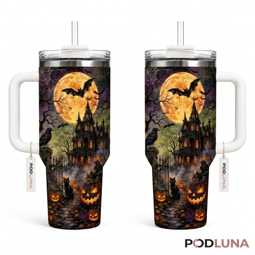 Haunted House Halloween Tumbler 40oz Full Moon Black Cat Design