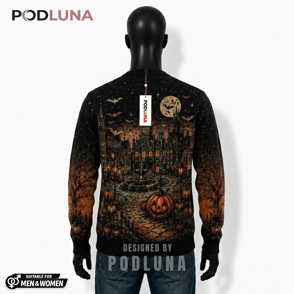 Haunted Village Halloween Cardigan Clocktower Fountain 2 Haunted Village Halloween Cardigan Clocktower Fountain 2