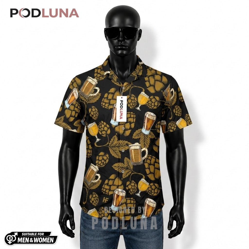 Hops Beer Hawaiian Shirt Black Gold Pattern Front