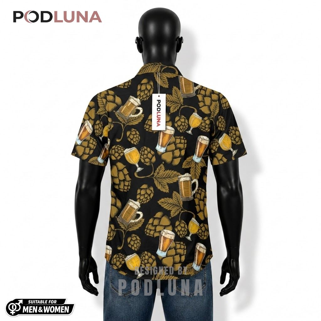 Hops Beer Hawaiian Shirt Black Gold Pattern Back Hops Beer Hawaiian Shirt Black Gold Pattern Back