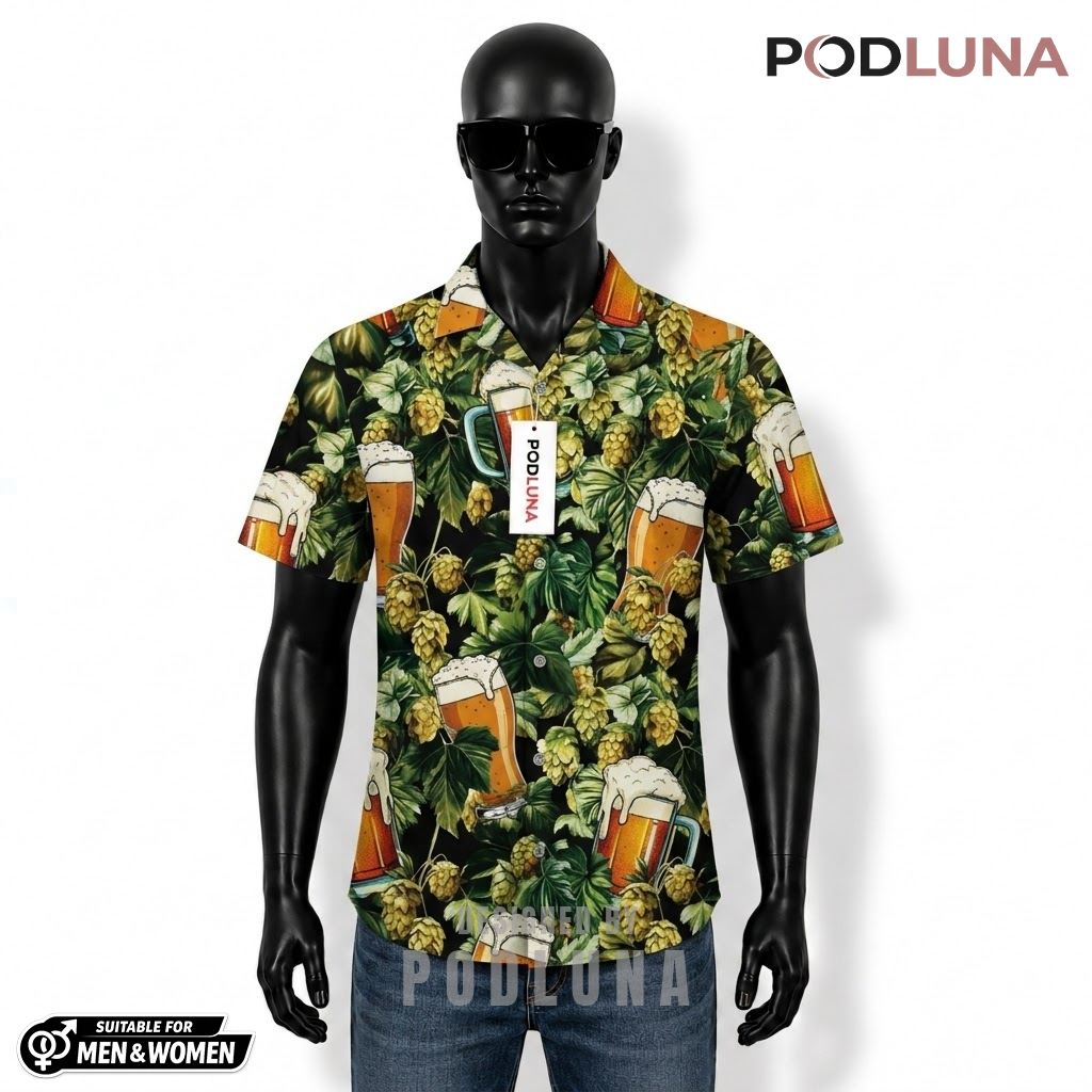 Hops Beer Hawaiian Shirt Tropical Green Leaves Pattern Front