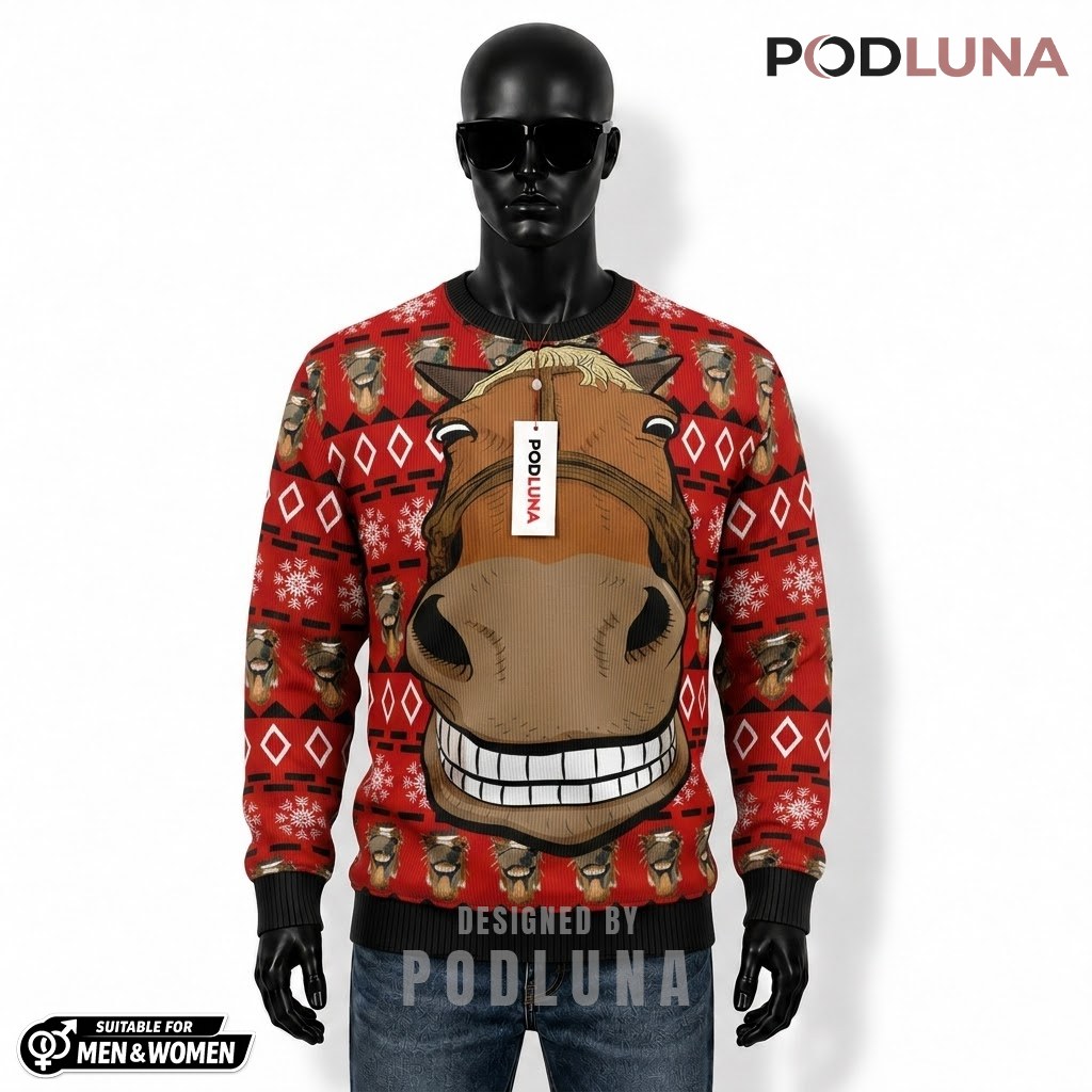 Horse Face Ugly Sweater Christmas Funny Red Pattern Front