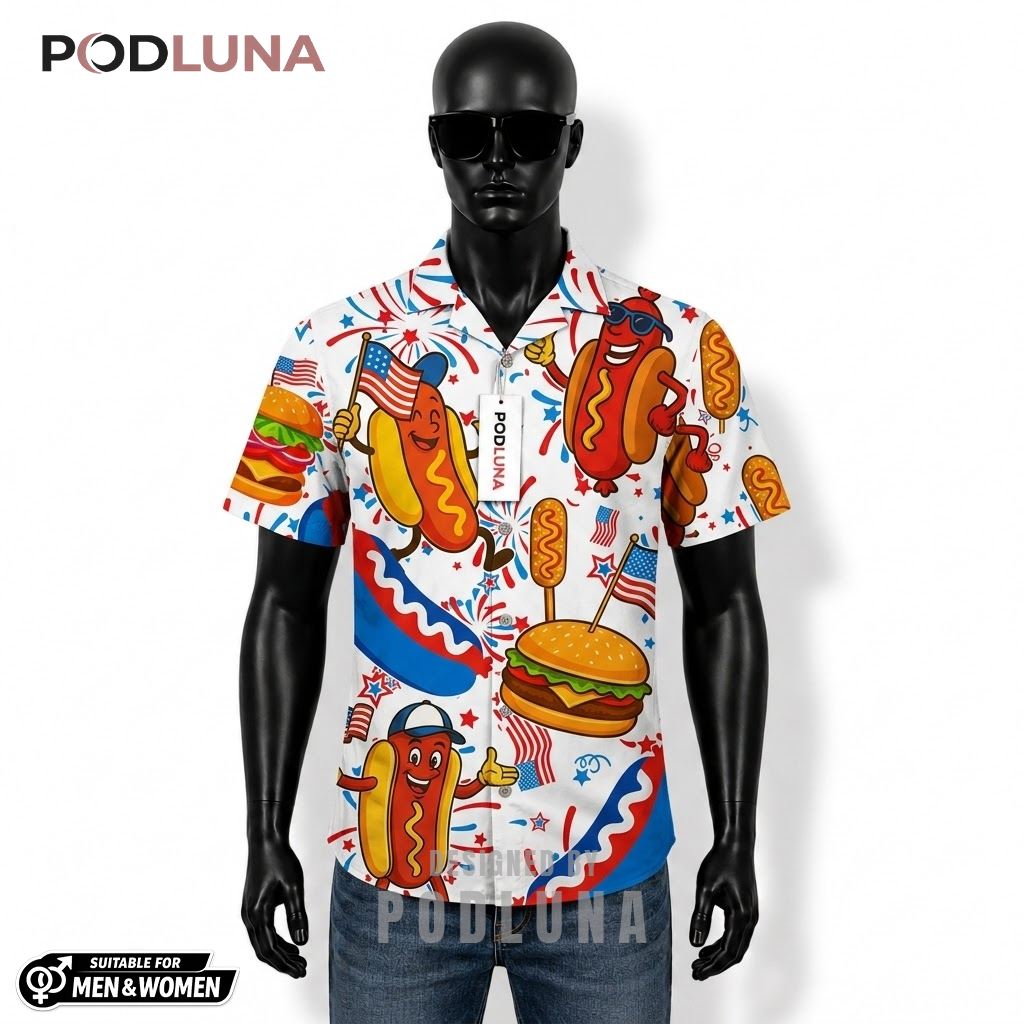 Hot Dog Patriotic Hawaiian Shirt Burger USA Fireworks Print Front