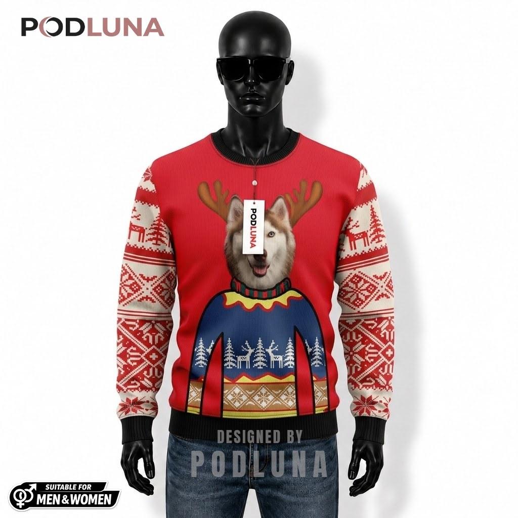 Husky Ugly Christmas Sweater Reindeer Antler Red Front