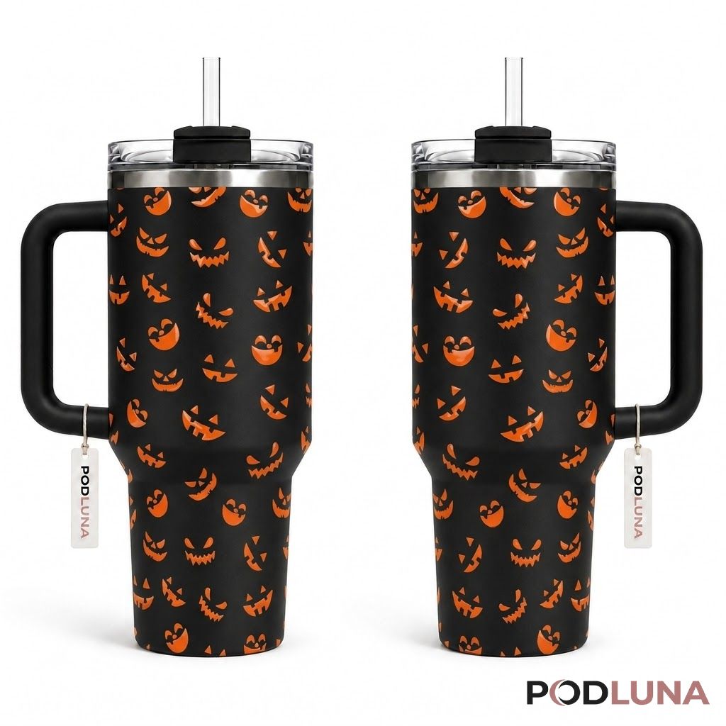 Jack O Lantern Face Halloween Tumbler 40oz Glowing Orange Pattern Design