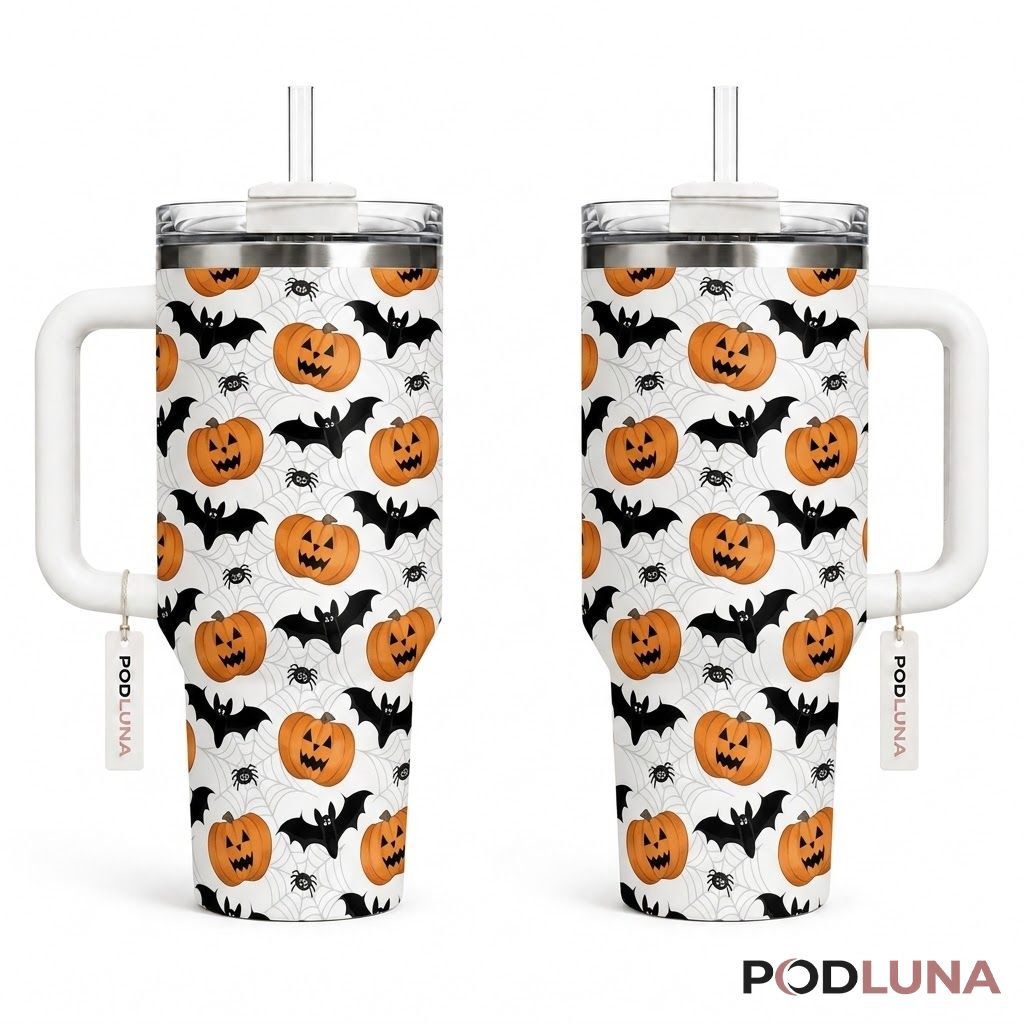 Jack O Lantern Halloween Tumbler 40oz Bat Spider Web Design