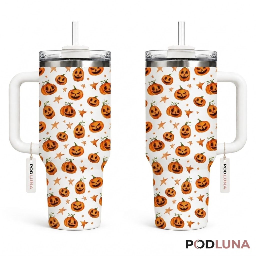 Jack O Lantern Halloween Tumbler 40oz Watercolor Star Pumpkin Design