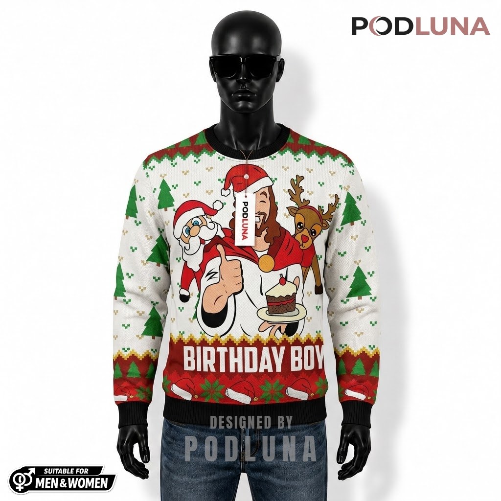 Jesus Ugly Christmas Sweater Birthday Boy Santa Front