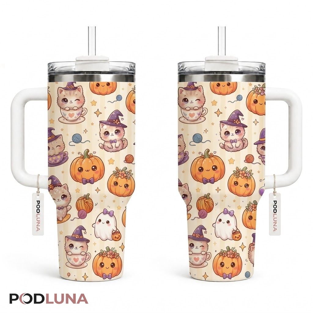 Kawaii Kitten Halloween Tumbler 40oz Teacup Pumpkin Yarn Design