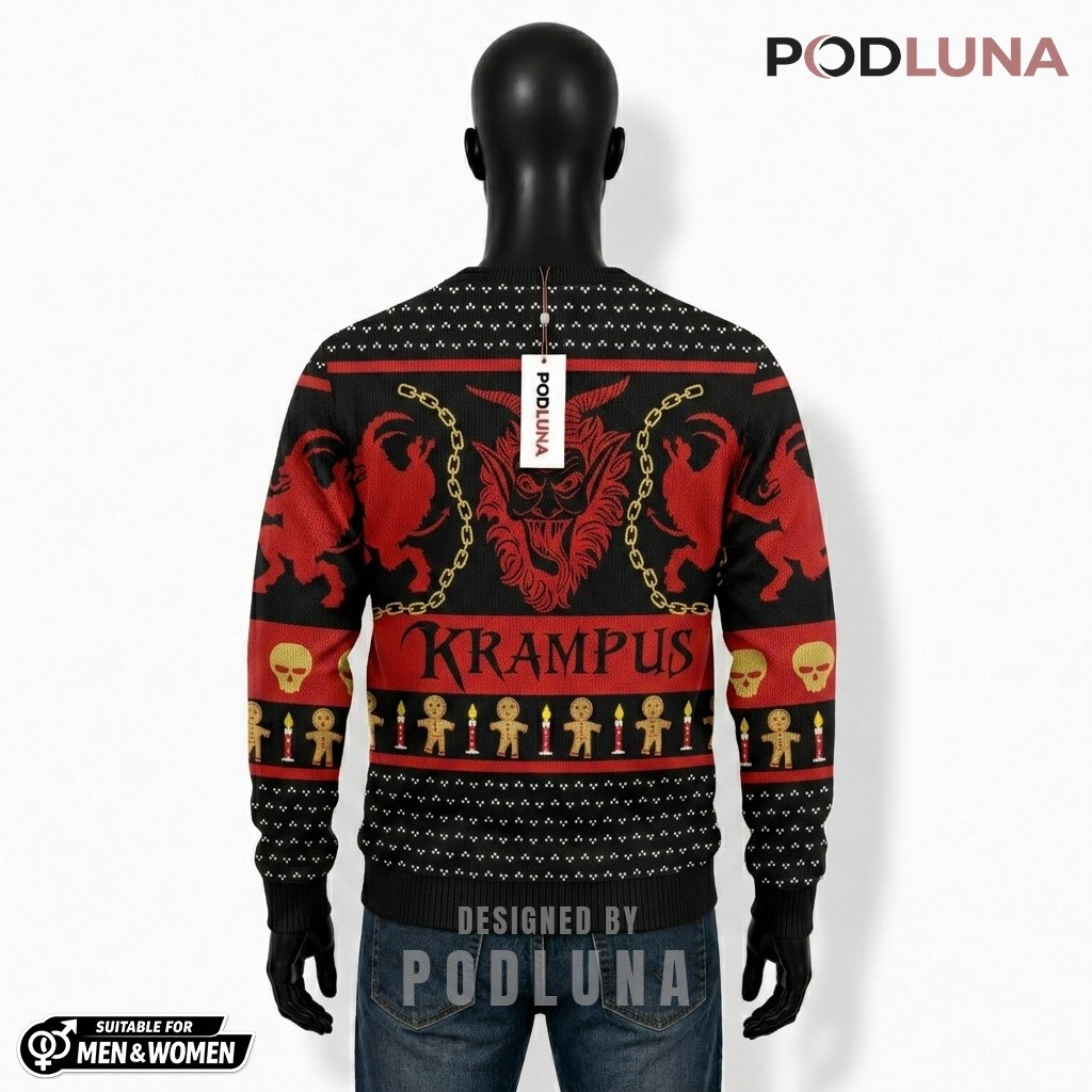 Krampus Ugly Christmas Sweater Chains Skull Pattern Back Krampus Ugly Christmas Sweater Chains Skull Pattern Back