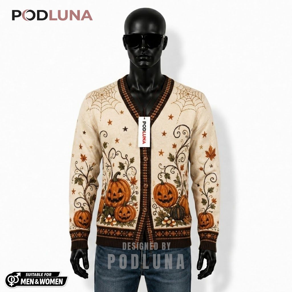 Lantern Halloween Cardigan Pumpkin Vine Print 1