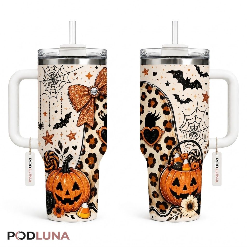 Leopard Print Halloween Tumbler 40oz Ghost Bow Sunglasses Design
