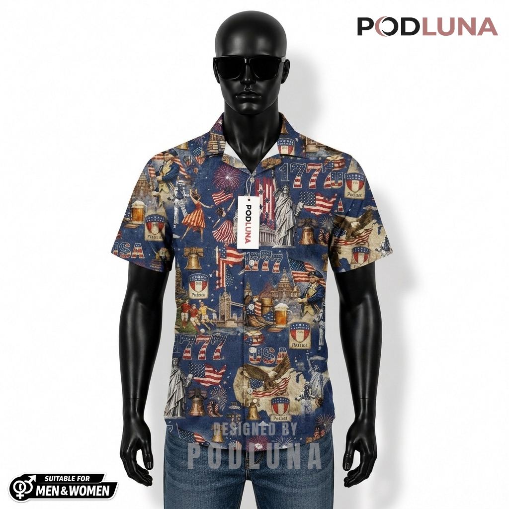Liberty 1776 Patriotic Hawaiian Shirt Eagle Landmark Print Front