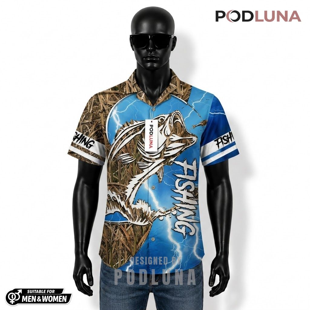 Lightning Fishing Hawaiian Shirt Camo Bass Reed Print Front