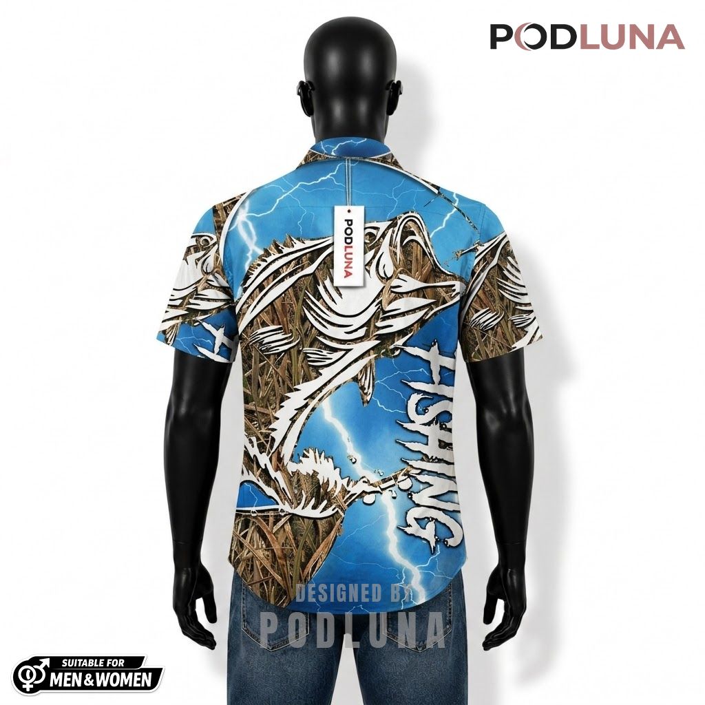 Lightning Fishing Hawaiian Shirt Camo Bass Reed Print Back Lightning Fishing Hawaiian Shirt Camo Bass Reed Print Back