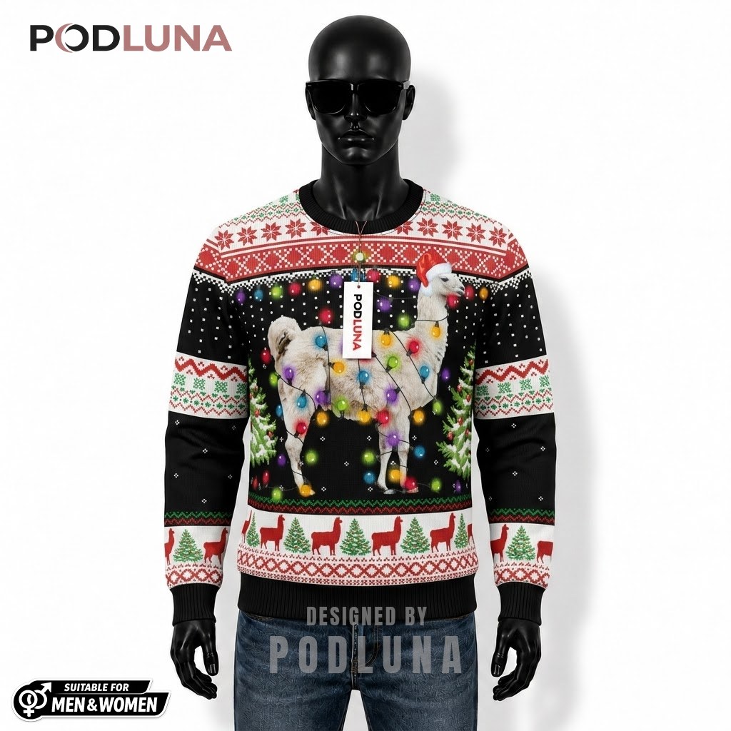 Llama Ugly Sweater Christmas Santa String Lights Front
