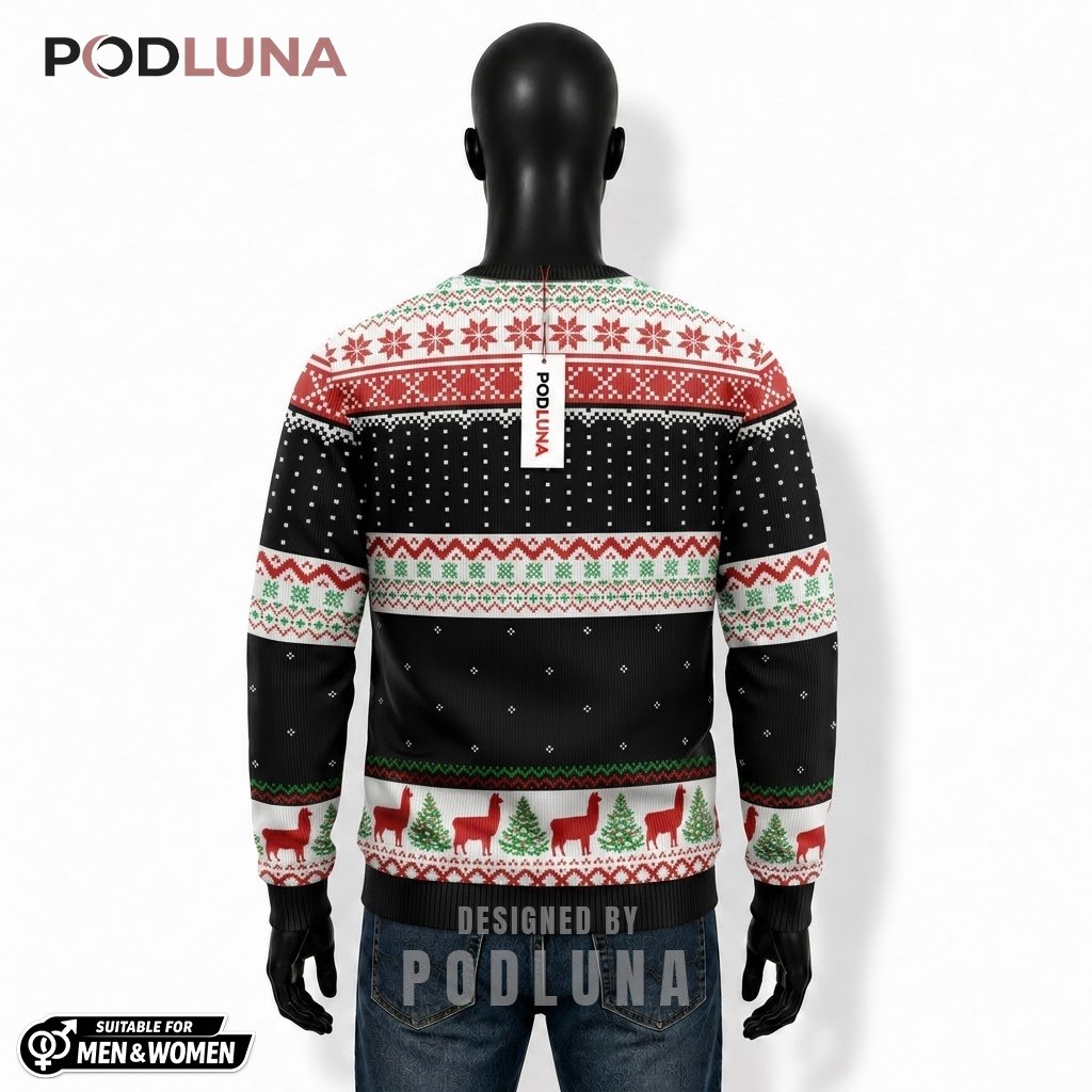 Llama Ugly Sweater Christmas Santa String Lights Back Llama Ugly Sweater Christmas Santa String Lights Back