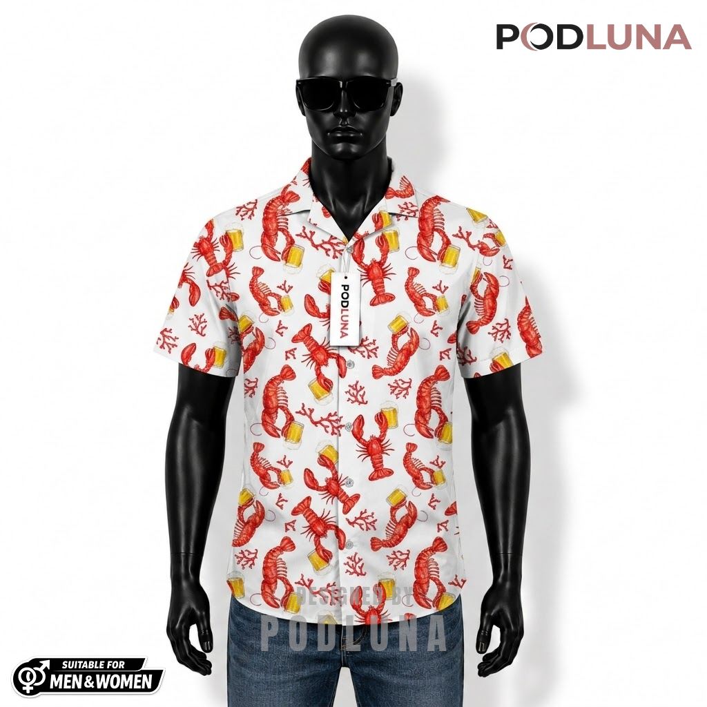 Lobster Beer Hawaiian Shirt Coral White Pattern Front
