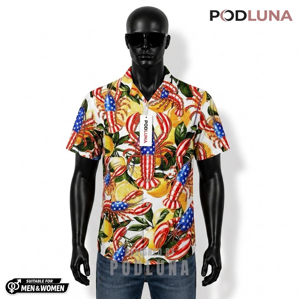 Lobster Patriotic Hawaiian Shirt USA Flag Lemon Design Front
