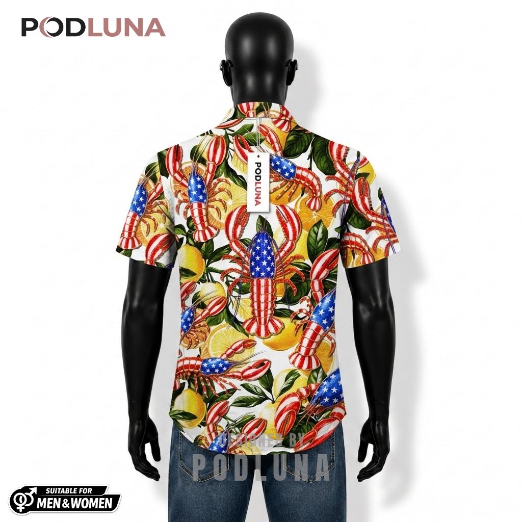 Lobster Patriotic Hawaiian Shirt USA Flag Lemon Design Back Lobster Patriotic Hawaiian Shirt USA Flag Lemon Design Back