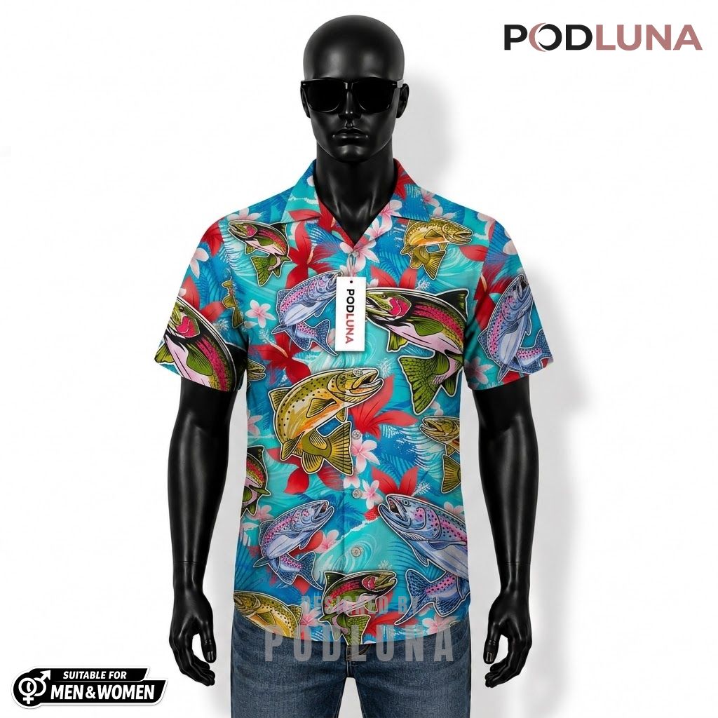 Lucky Fishing Hawaiian Shirt Trout Tropical Floral Print Front
