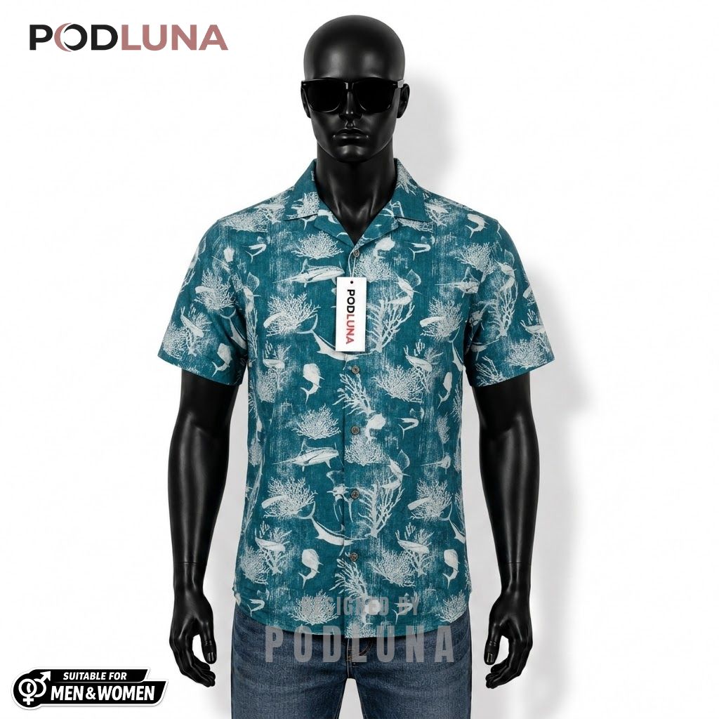 Marlin Fishing Hawaiian Shirt Coral Reef Print Design Front