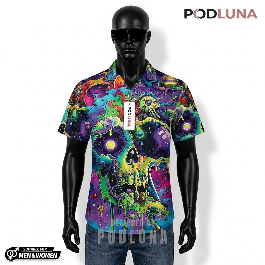 Melting Skull Halloween Hawaiian Shirt Cosmic Galaxy Psychedelic Front